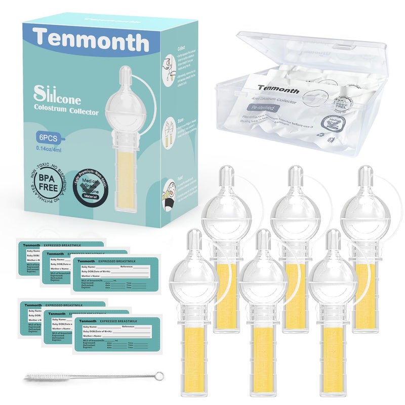 Tenmonth طقم جامع الكولاستروم لجمع حليب الثدي مع حقيبة تخزين، حاوية كولاستروم محمولة جاهزة للاستخدام، خالية من BPA 0.1 أونصة/4 مل، 6 قطع - Image 1
